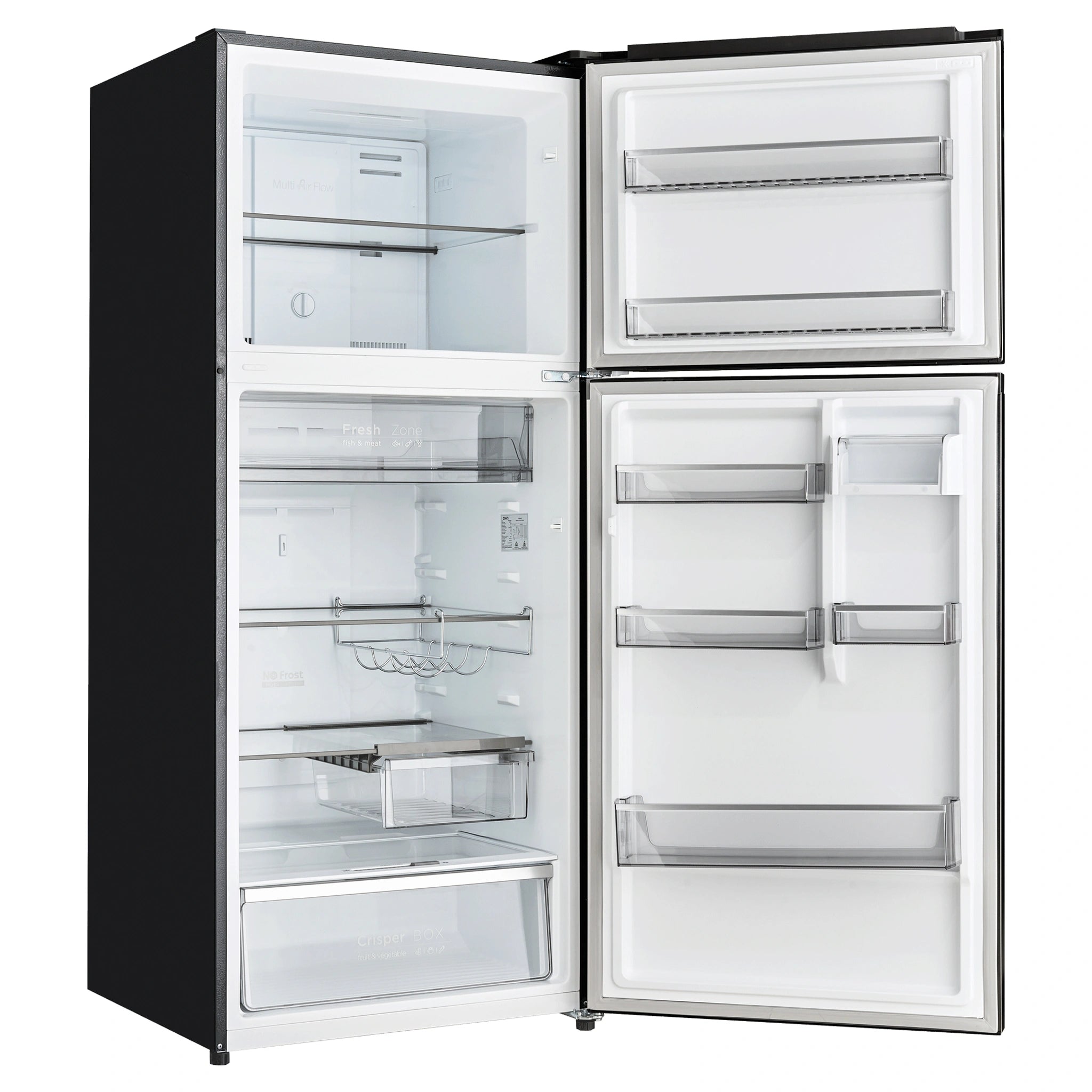 CHiQ 410L Top Mount Fridge Black Steel CTM409NBS5E, Left Side View With Door Open
