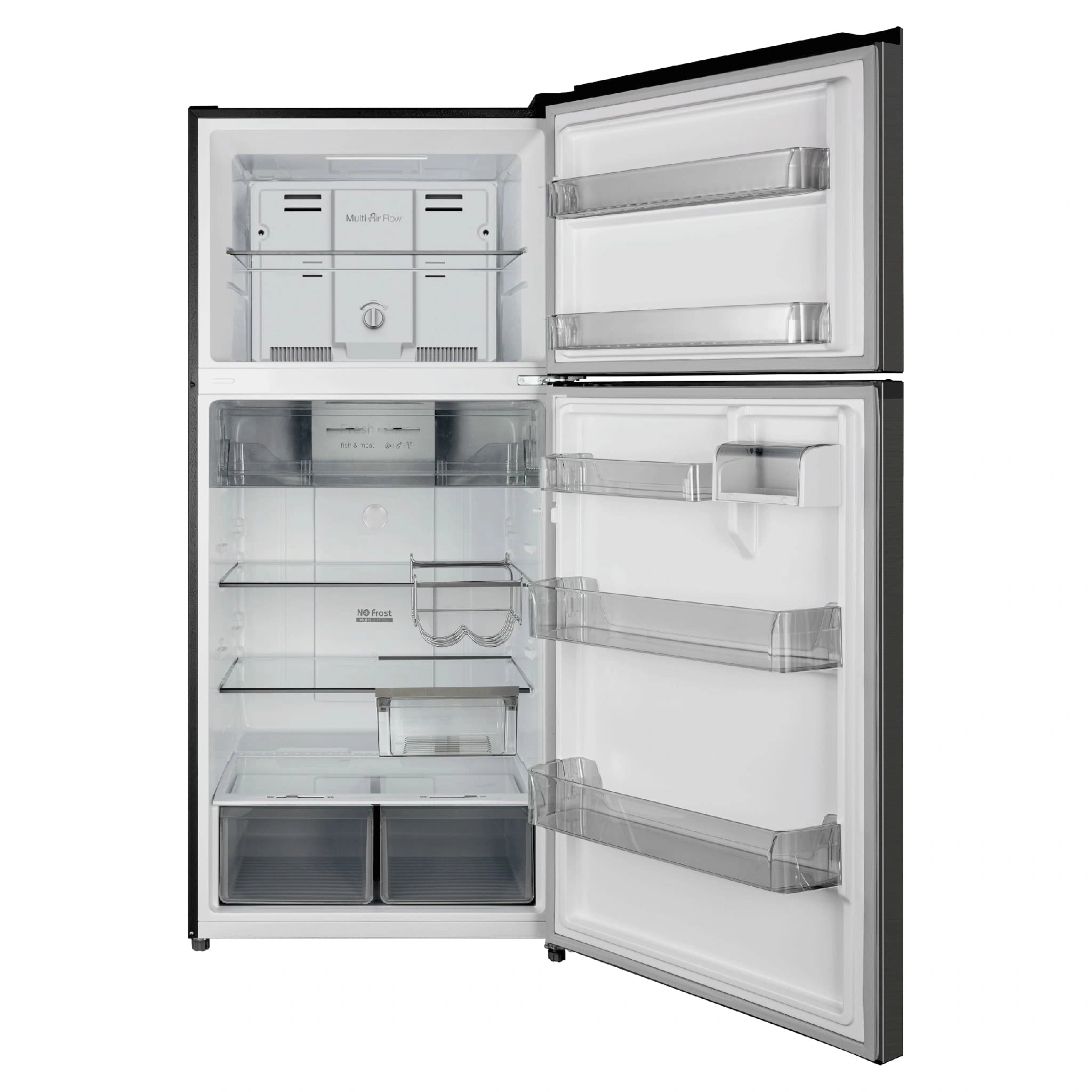 CHiQ Top Mount Fridge Black Steel CTM513NBS5E, Front View With Door Open