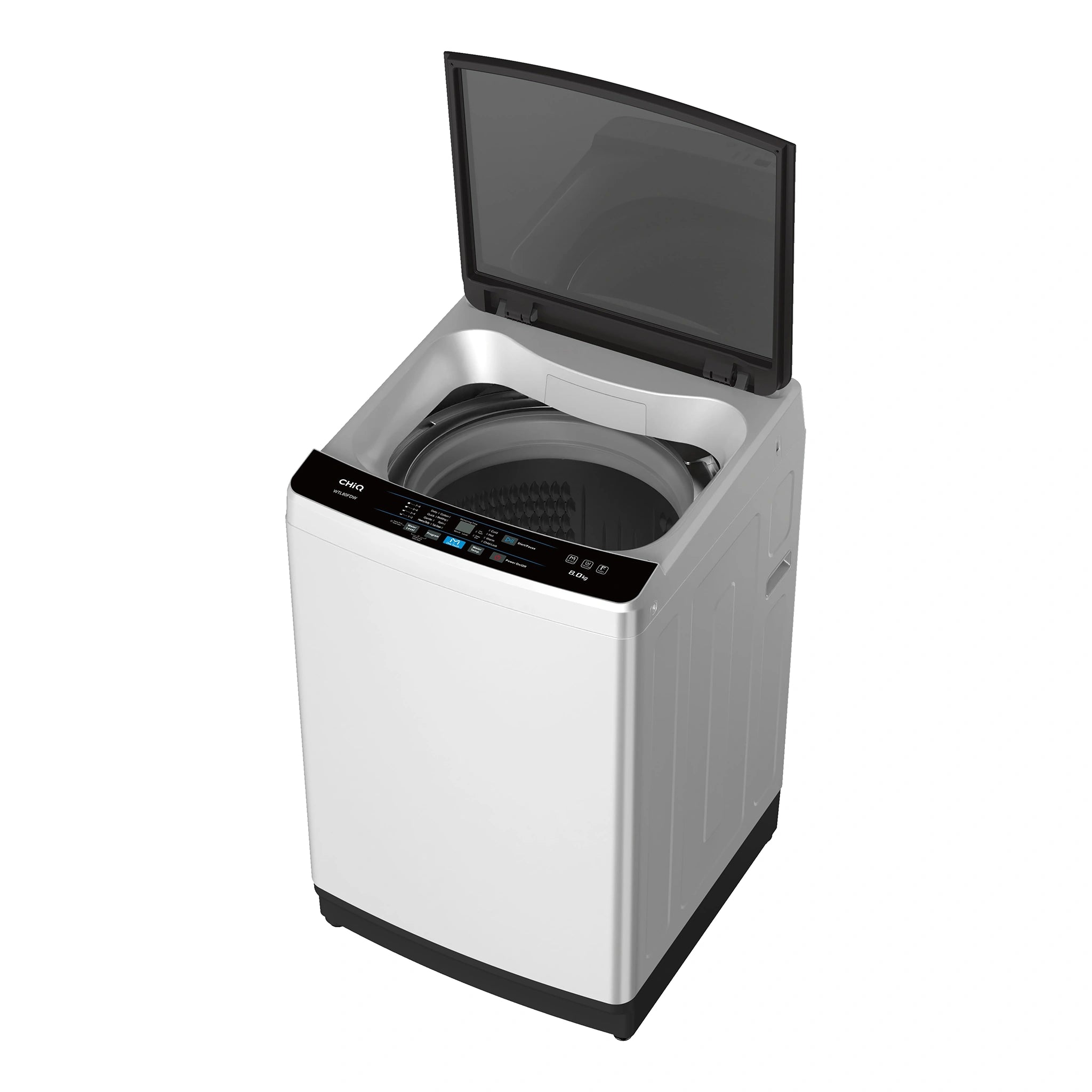 CHiQ 8kg Top Load Washer – White WTL80FDW, Top Right Side View With Door Open