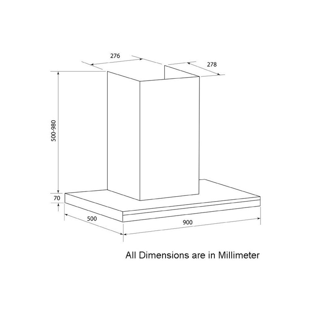 Emilia Glem CK90TBTF 90cm Canopy Rangehood Stainless Steel, Dimensions