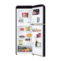 CHiQ 216L Top Mount Fridge CRTM213B, Front view with doors open, full of food items, and bottles