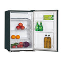 CHiQ 92L Bar Fridge Black CSR091B, Front right view with door open, full of food items, and bottles