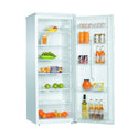 CHiQ CSR242W 242L Upright Fridge, Front right view with door open, full of food items and bottles