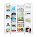 CHiQ 559L Side by Side Fridge White CSS559NWD, Front view with doors open, full of food items, and bottles