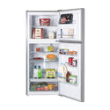 CHiQ CTM214B Top Mount Fridge, Front view with doors open, full of food items, and bottles