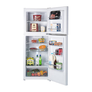 CHiQ CTM216W Top Mount Fridge, Front view with open doors, full of food items, and bottles