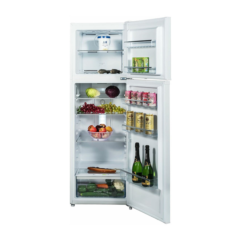 CHiQ 255L Top Mount Fridge CTM255NW, Front view with open doors, full of food items, and bottles