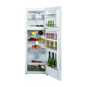 CHiQ 255L Top Mount Fridge CTM255NW, Front view with open doors, full of food items, and bottles