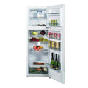 CHIQ 263L Top Mount Fridge CTM263W, Front view with open doors, full of food items, and bottles