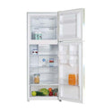 CHiQ 370L Top Mount Fridge CTM370W, Front view with doors open, full of food items, and bottles