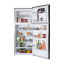 CHiQ 410L Top Mount Fridge Stainless Steel CTM408NSS, Front view with doors open, full of food items, and bottles