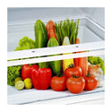 CHiQ 410L Top Mount Fridge Stainless Steel CTM408NSS, Glass shelf and vegetable crisper drawer view, full of vegetables and fruits