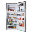 CHiQ 435L Top Mount Fridge CTM433B, Front view with doors open, full of food items, and bottles