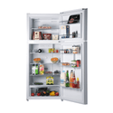 CHiQ 435L Top Mount Fridge CTM435W, White, Front view with doors open, full of food items, and bottles