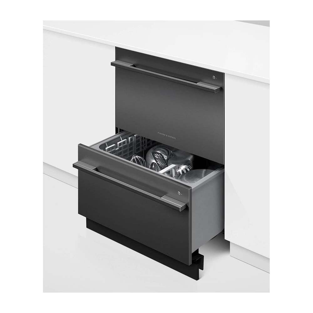 Fisher & Paykel DD60DDFB9 Double DishDrawer Dishwasher, Front right view, door open with cutleries