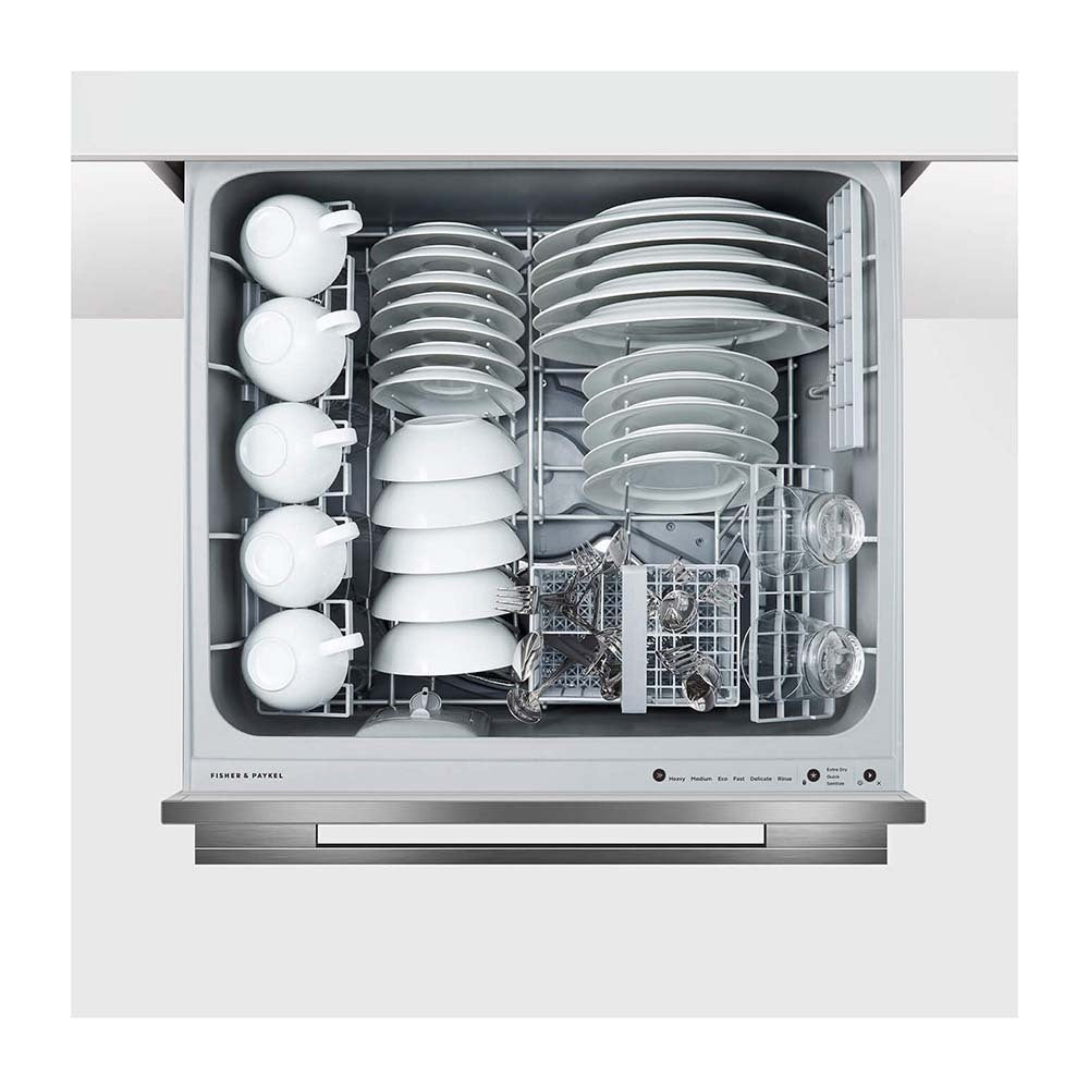 Fisher & Paykel DD60DDFB9 Double DishDrawer Dishwasher, Top view, door open with cutleries 