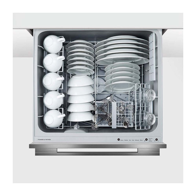 Fisher & Paykel DD60DDFB9 Double DishDrawer Dishwasher, Top view, door open with cutleries 
