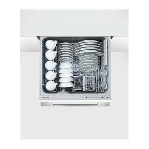 Fisher & Paykel DD60DI9 Integrated Double DishDrawer Dishwasher, Top view with door open, cutleries inside