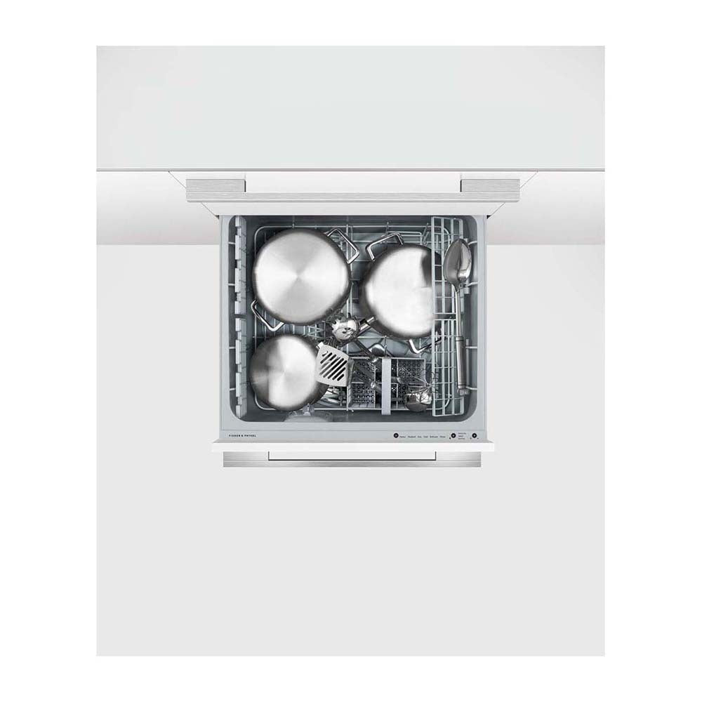 Fisher & Paykel DD60DI9 Integrated Double DishDrawer Dishwasher, Top view with door open, cutleries inside