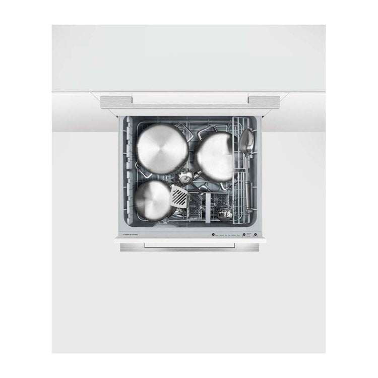 Fisher & Paykel DD60DI9 Integrated Double DishDrawer Dishwasher, Top view with door open, cutleries inside