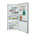 Electrolux EBE5307SCR 496L Stainless Steel Bottom Mount Fridge, Front view with open doors, a view full of food items, and bottles