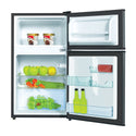 Esatto EBF91B 87L Bar Fridge Black, Front view with door open, full of food items, and bottles
