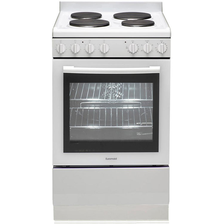 Euromaid EFF54W Electric Single Cavity Oven + Solid Cooktop, Front view
