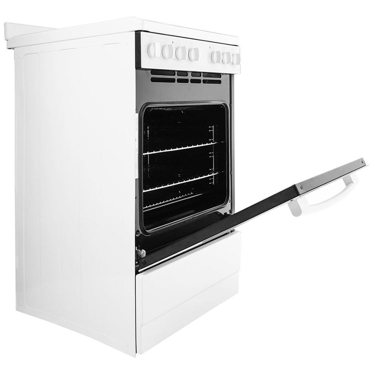 Euromaid EFF54W Electric Single Cavity Oven + Solid Cooktop, Side view with front open