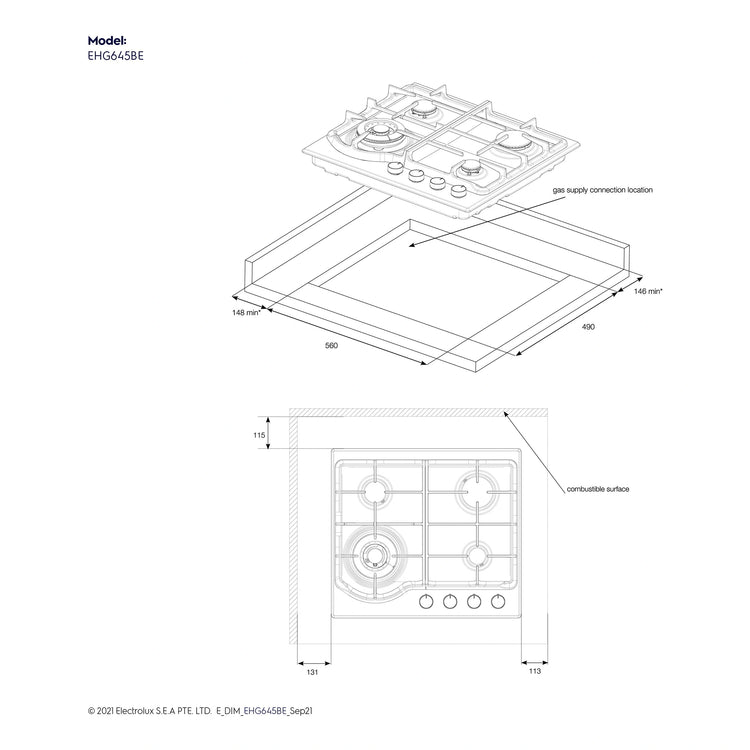 Electrolux 60cm Ultimate Taste 500 4-Burner Gas Cooktop EHG645BE, Dimensions View