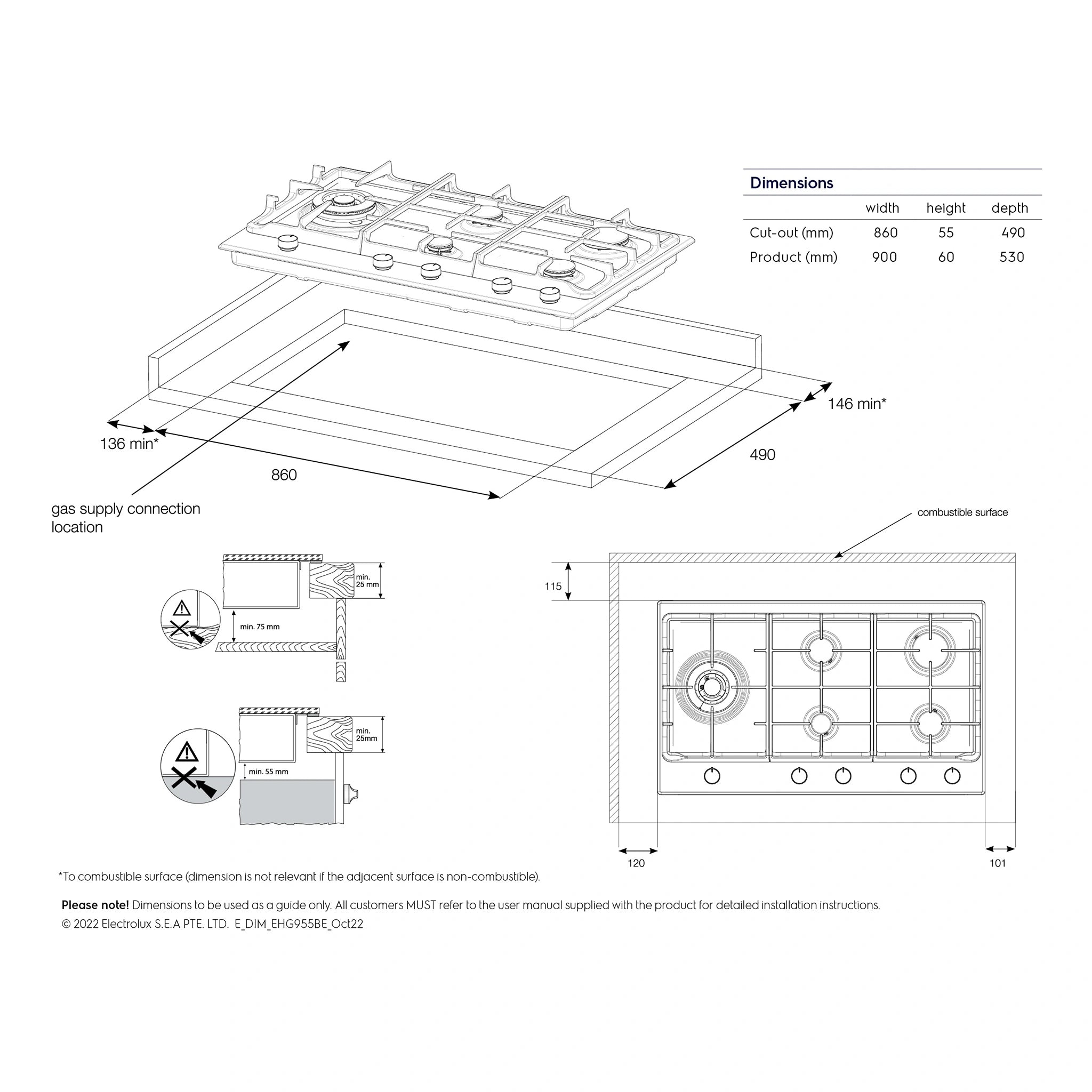Electrolux 90cm Ultimate Taste 900 5-Burner Gas Cooktop EHG955BE, Dimensions View