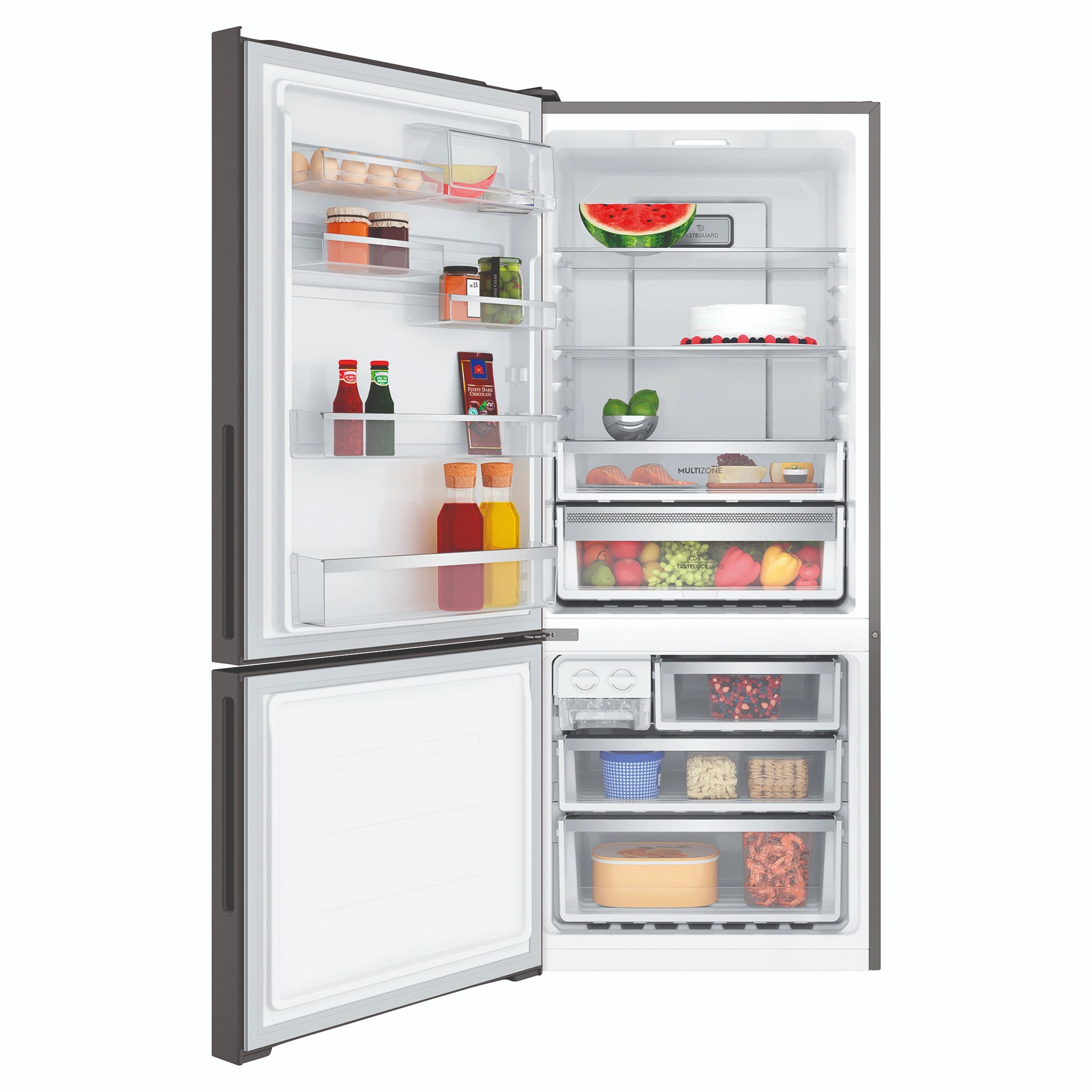Electrolux 425L UltimateTaste 500 Bottom Freezer Fridge - Matte Black EBE4302BDL, Front View With Door Open Storages