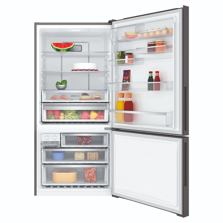 Electrolux 496L UltimateTaste 500 Bottom Freezer Fridge - Matte Black EBE5002BDR, Front View With Door Open Storages