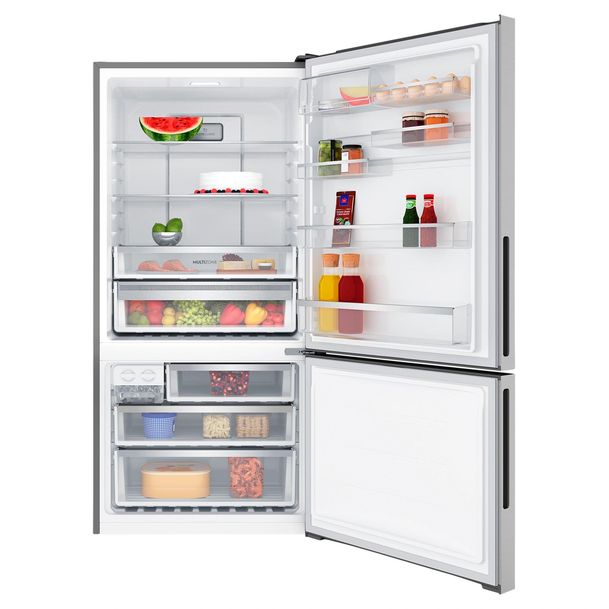Electrolux 496L UltimateTaste 500 Bottom Freezer Fridge - Silver EBE5002SDR, Front View With Door Open Storages