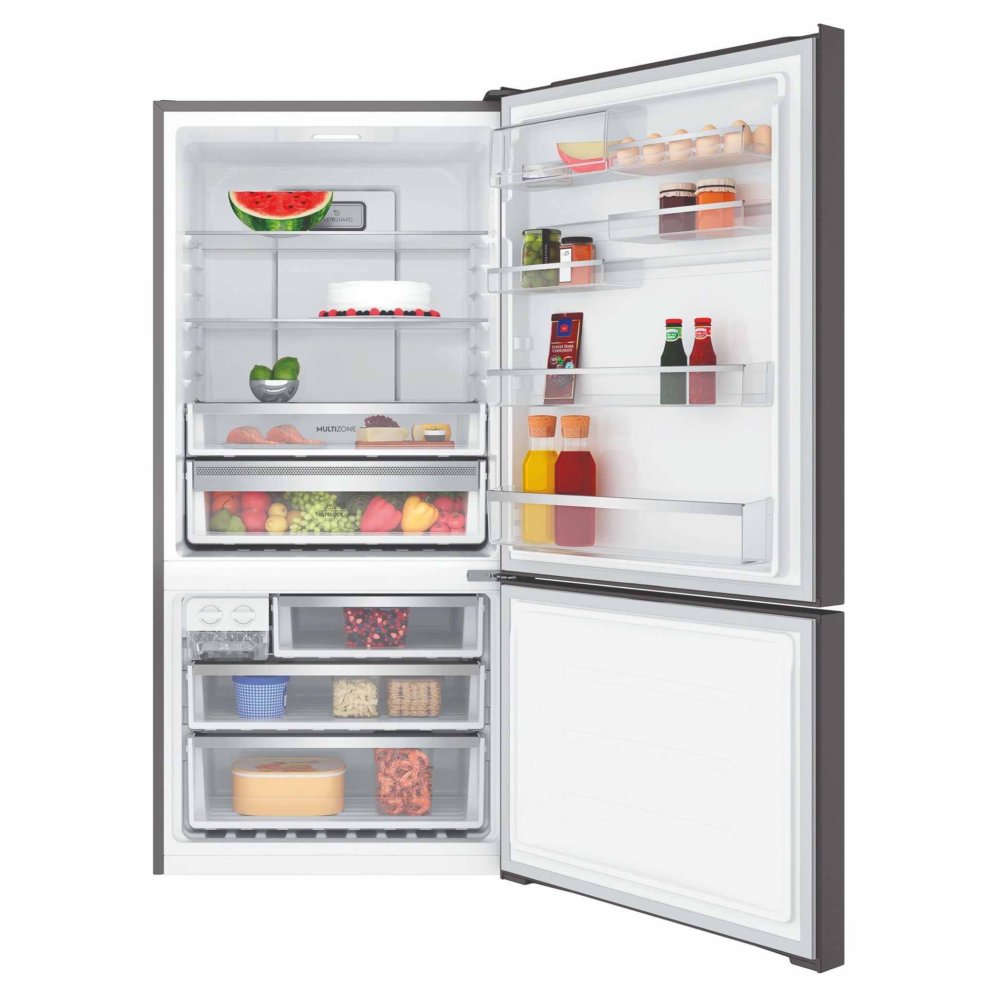 Electrolux 496L UltimateTaste 500 Bottom Freezer Fridge - Matte Black EBE5007BDR, Front View With Door Open Storages
