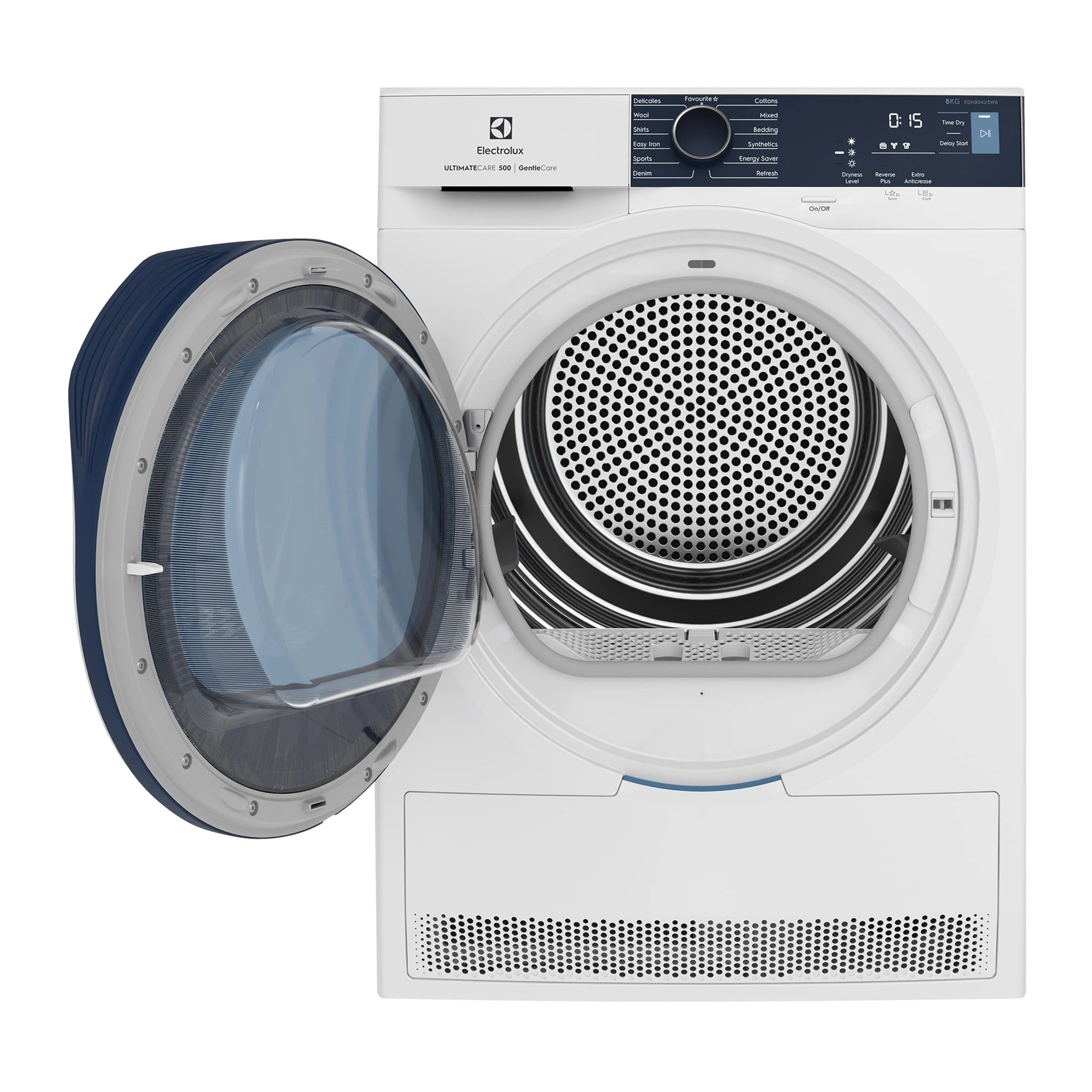 Electrolux 8kg White UltimateCare 500 Heat Pump Dryer EDH804U5WB, Front View With Door Open