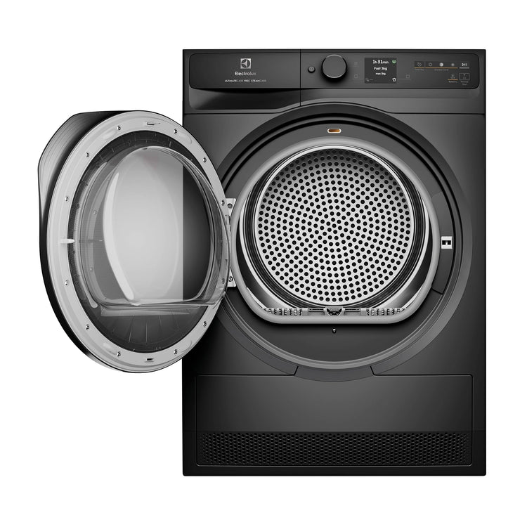 Electrolux 9kg UltimateCare 900 Steam Heat pump dryer Dark Onyx EDH902R9SC, Front View With Door Open