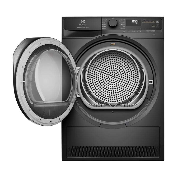 Electrolux 9kg UltimateCare 700 Heat Pump Dryer - Dark Onyx EDH903R7SC, Front View With Door Open