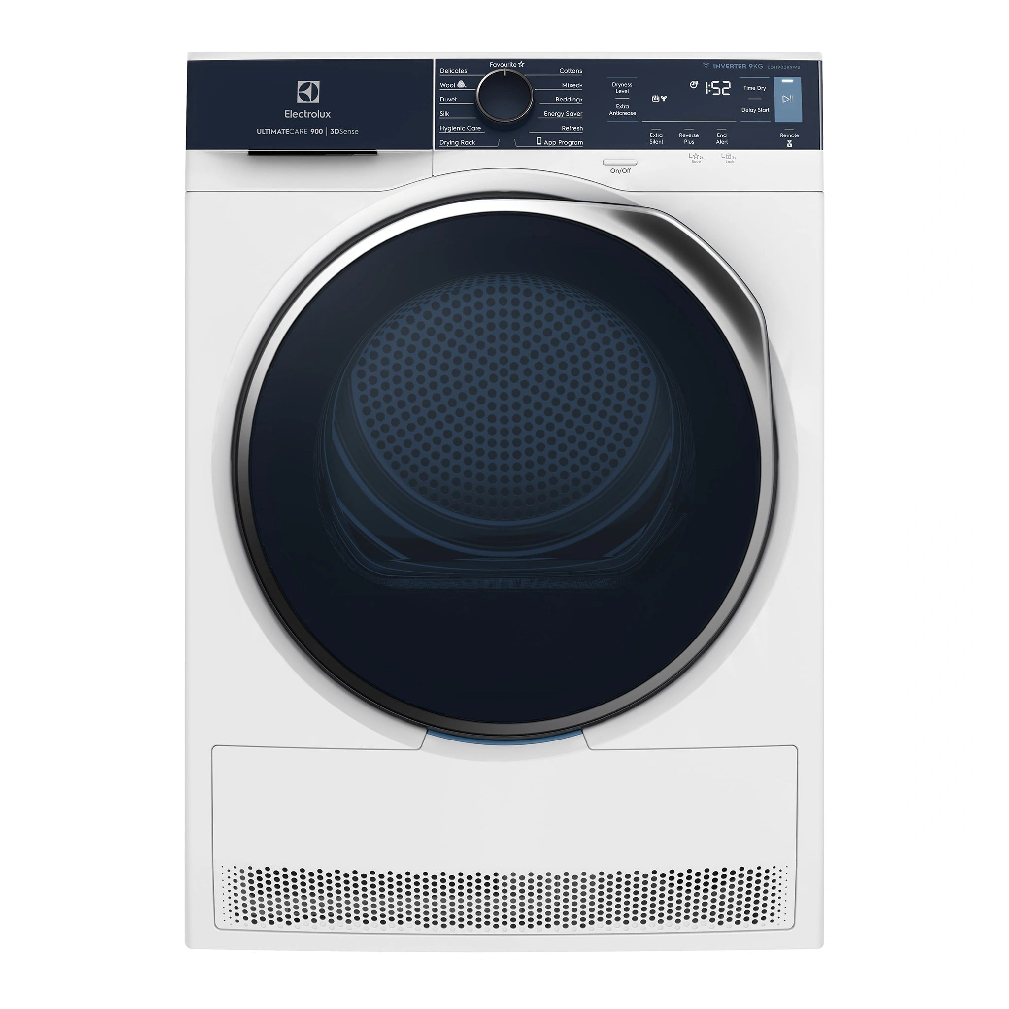 Electrolux 9kg UltimateCare 900 heat pump dryer with 3D Sense EDH903R9WB, Front View