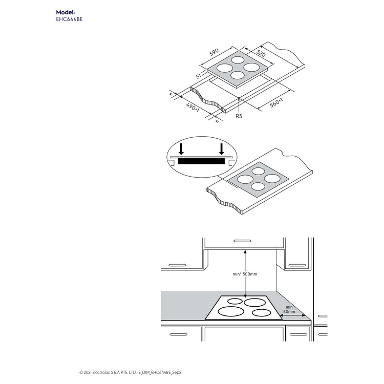 Electrolux 60cm Ultimate Taste 300 4-Zone Ceramic Cooktop EHC644BE, Dimensions View