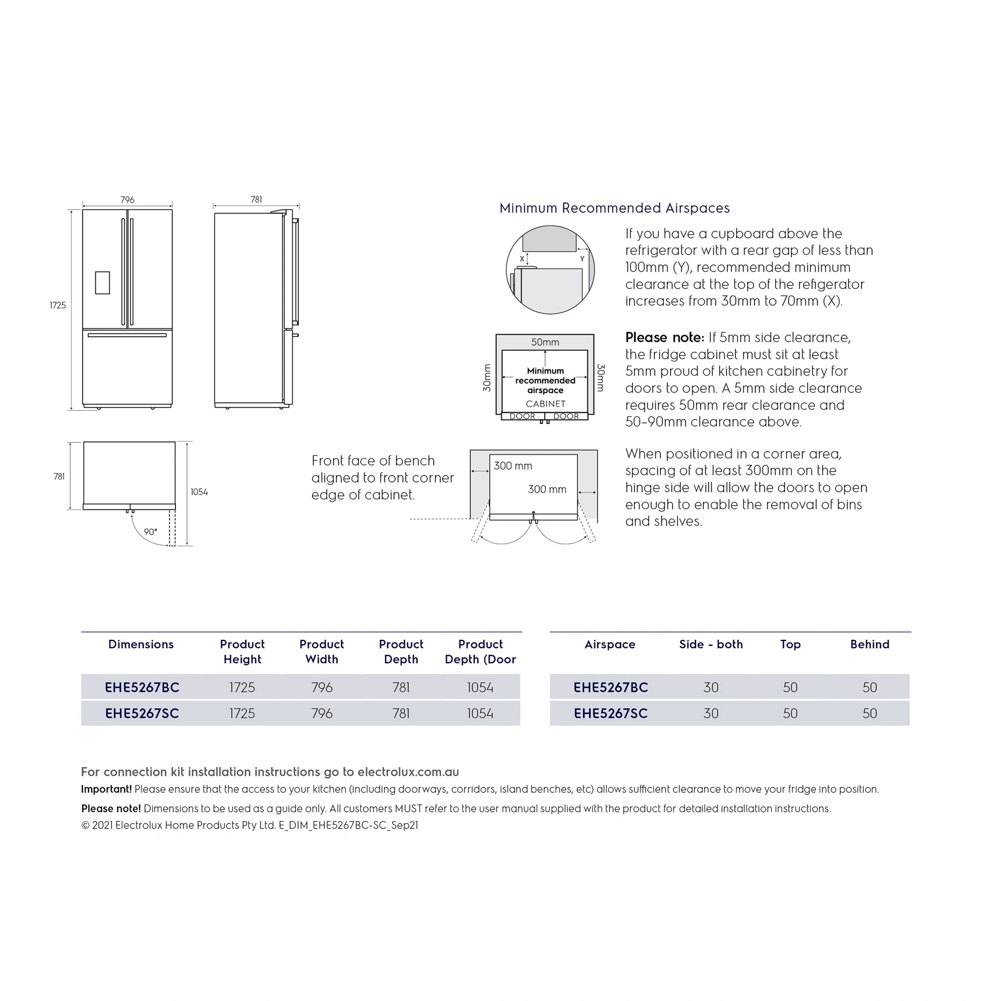 Electrolux 491L Ultimate Taste 700 French Door Fridge - Dark Stainless Steel EHE5267BC, Dimensions View 