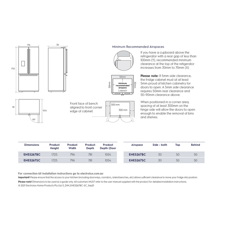 Electrolux 491L Ultimate Taste 700 French Door Fridge - Dark Stainless Steel EHE5267BC, Dimensions View 