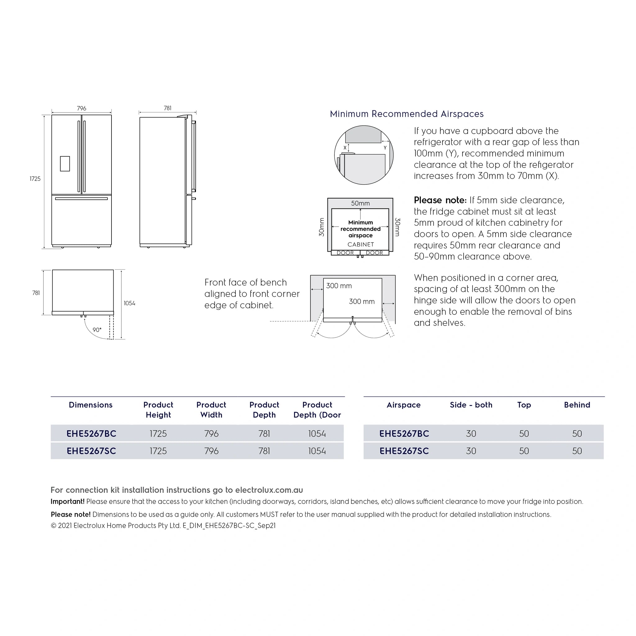 Electrolux 491L Ultimate Taste 700 French Door Fridge - Natural Stainless Steel EHE5267SC, Dimensions View