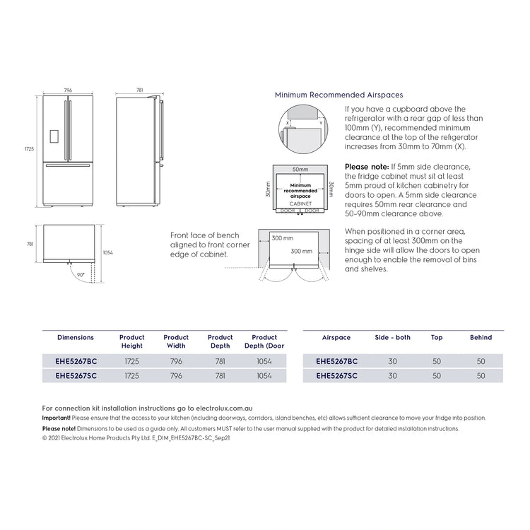 Electrolux 491L Ultimate Taste 700 French Door Fridge - Natural Stainless Steel EHE5267SC, Dimensions View