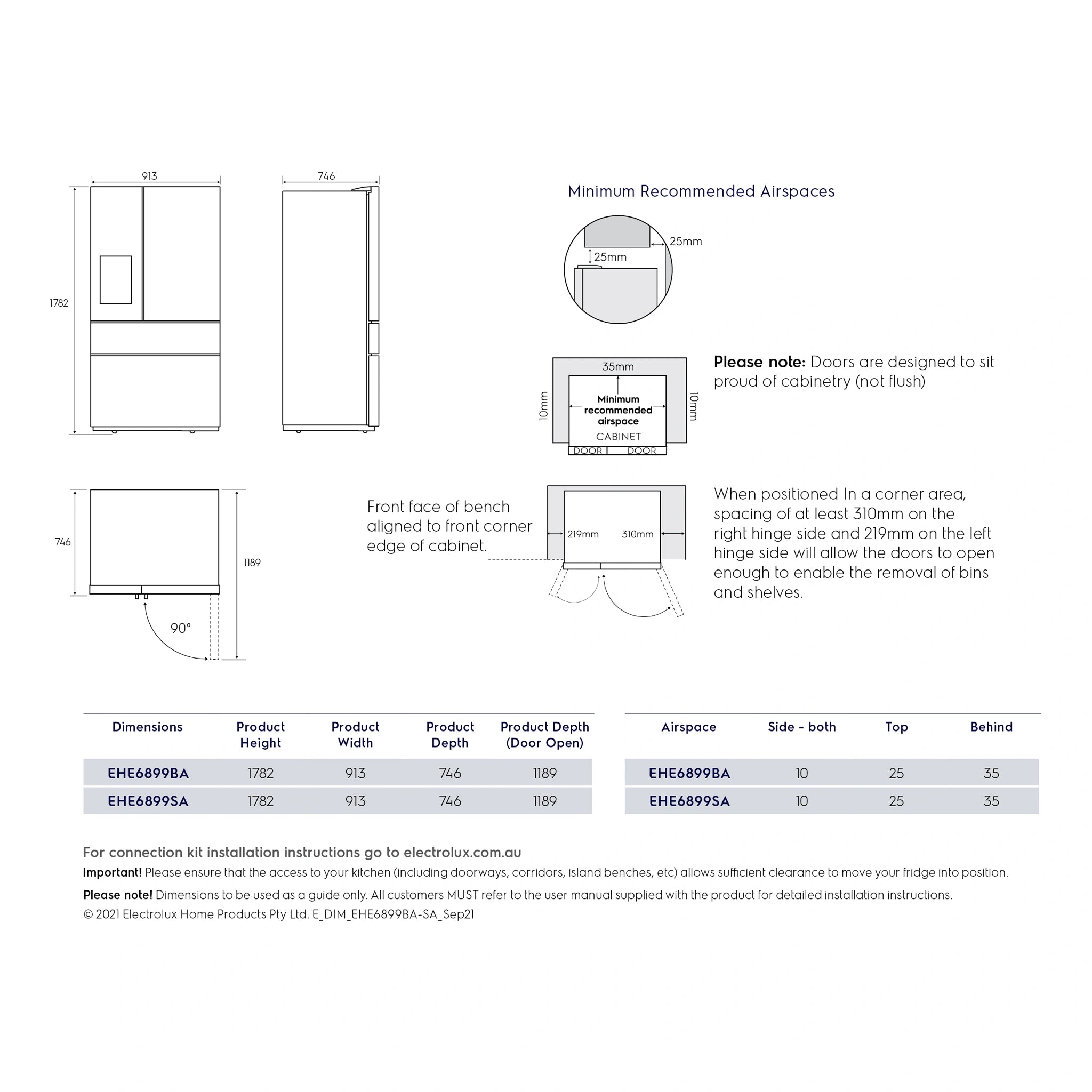 Electrolux 689L Stainless Steel French Door Refrigerator EHE6899SA, Dimensions View