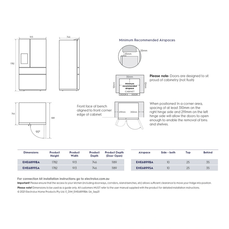 Electrolux 689L Stainless Steel French Door Refrigerator EHE6899SA, Dimensions View
