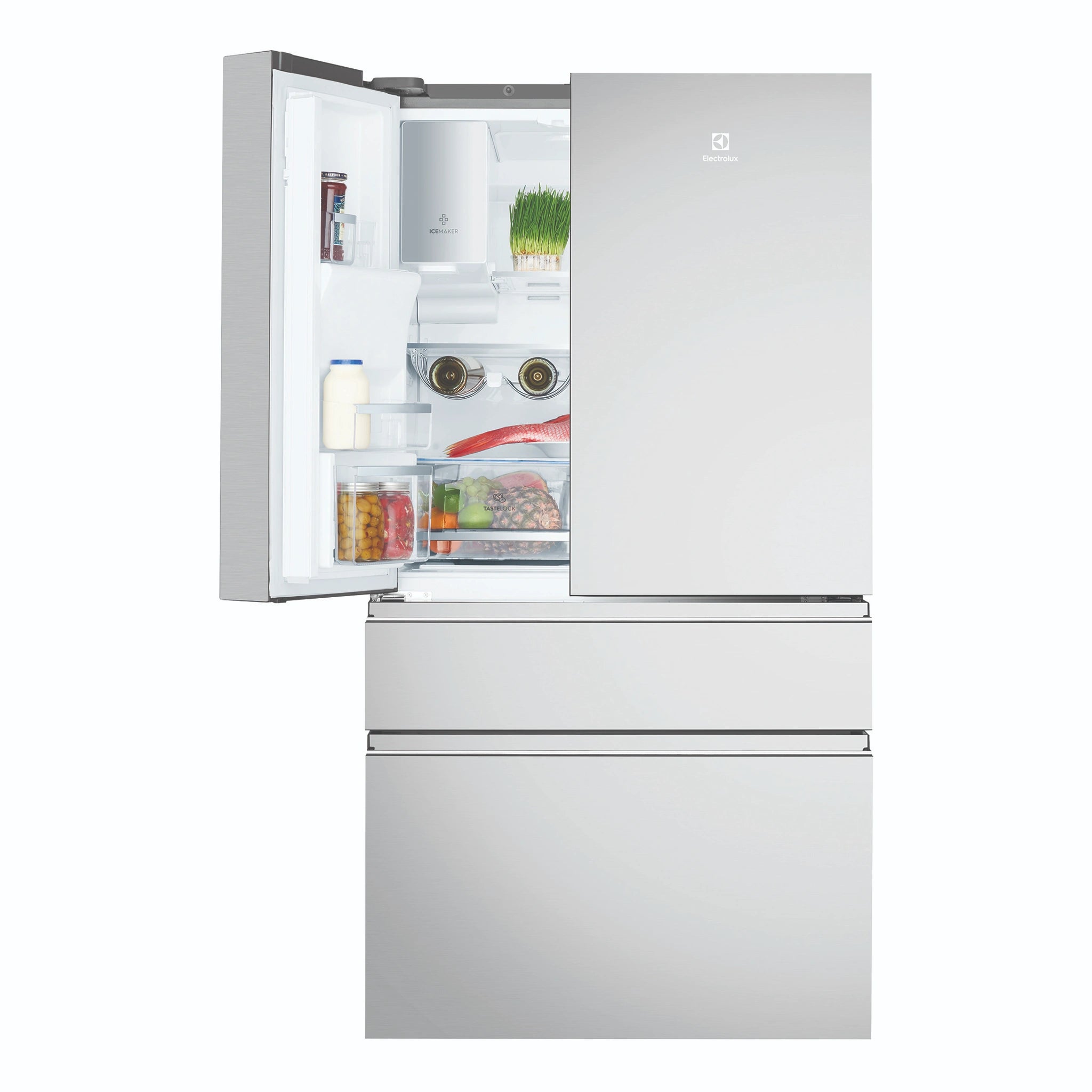Electrolux 689L Stainless Steel French Door Refrigerator EHE6899SA, Front View with Left Door Open