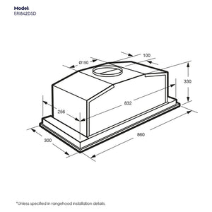 Electrolux ERI842DSD 86cm Dark Stainless Under-Cupboard Rangehood, Dimension View