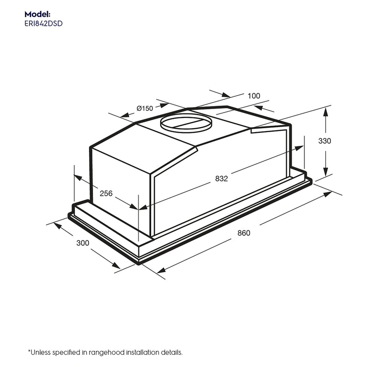 Electrolux ERI842DSD 86cm Dark Stainless Under-Cupboard Rangehood, Dimension View