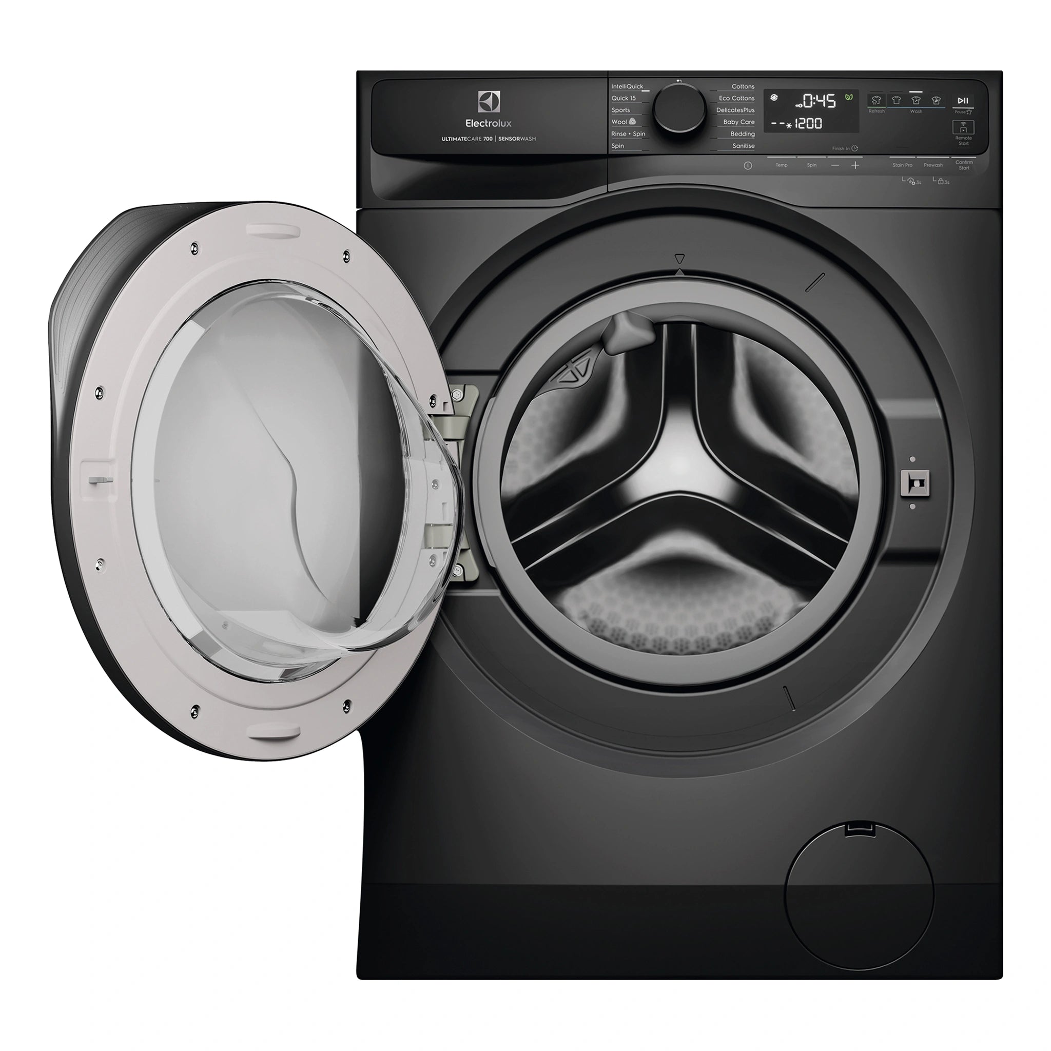 Electrolux 9kg UltimateCare 700 Dark Onyx Front Load Washing Machine EWF9043R7SCS, Front View with Door Open