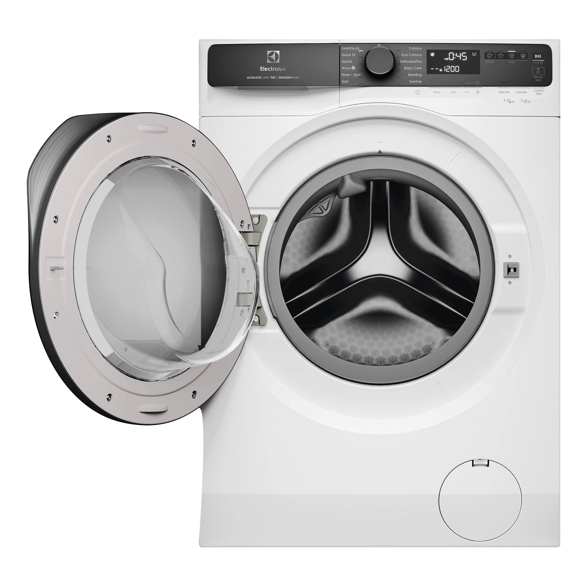 Electrolux 9kg UltimateCare 700 White Front Load Washing Machine EWF9043R7WCS, Front View with Door Open